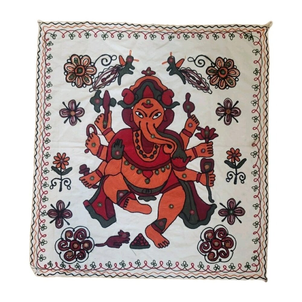 Vintage Embroidered Indian Ganesh Wall Hanging Tapestry Floral Boho Square 30 In